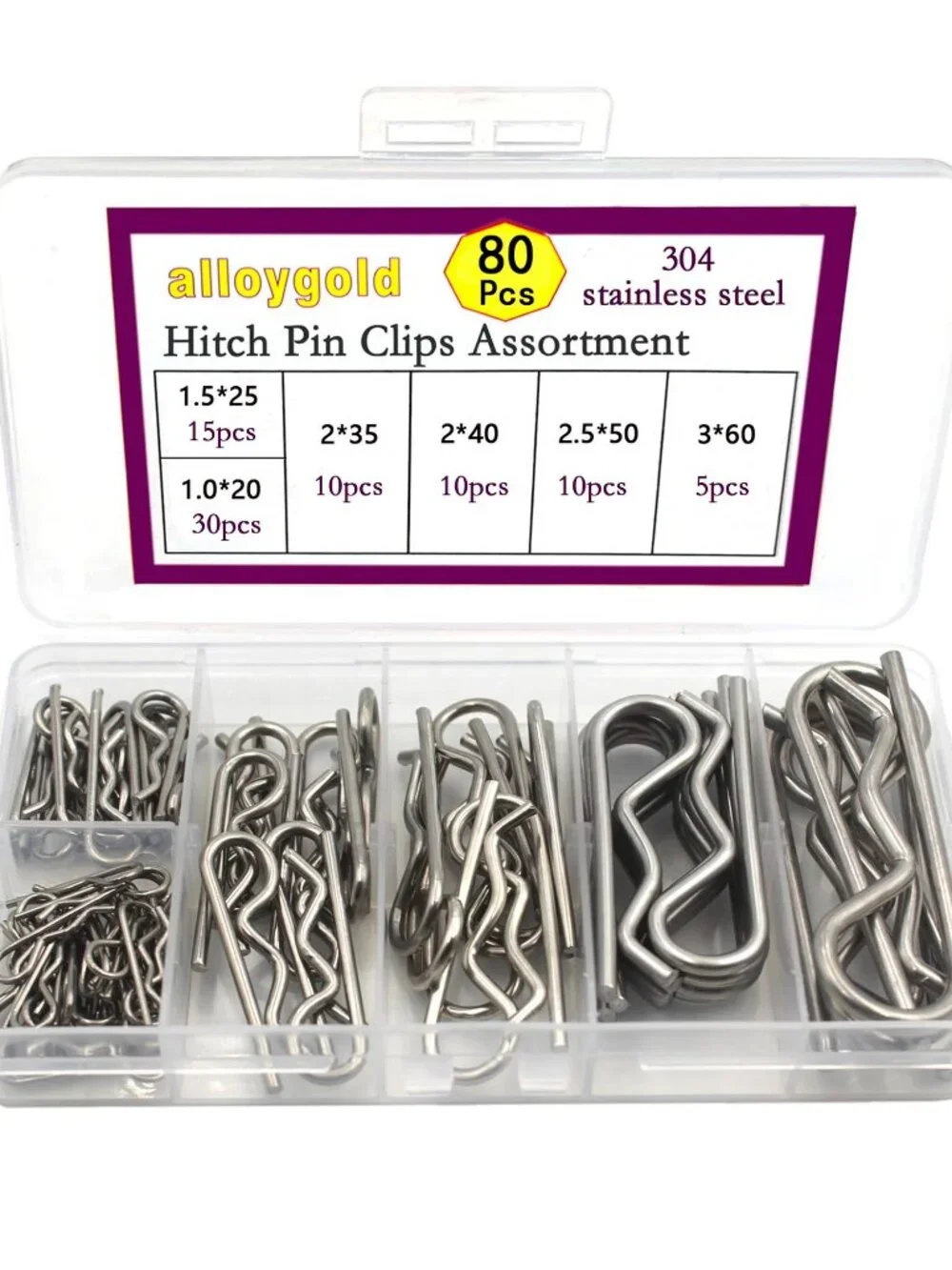 80 Pcs 6 Sizes Stainless Steel Hitch Pin Clip Kit for Hitch Pin Lock System, Tru